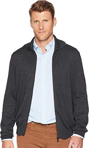 Perry Ellis Men's Jersey Knit Zip-Front Cardigan Sweater, Charcoal Heather/DFG, Large