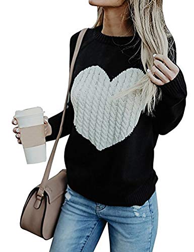 shermie Women's Pullover Sweaters Long Sleeve Crewneck Cute Heart Knitted Sweaters Black M