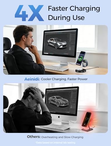 Image of Aeinidi 2026 3 in 1 Wireless Charging Station Compatible with MagSafe Charger Stand, 15W Fast Magnetic Mag-Safe Charger for iPhone 17 16 15 14 13 12 Series Apple iWatch AirPods Pro 4 3 2