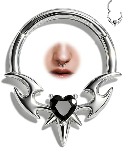 OUFER Blade Wing Septum Rings 16G Septum Jewelry Heart Hinged Segment Clicker Black CZ Surgical Steel Nose Rings Hoops Hypoallergenic Helix Daith Tragus Conch Piercing Jewelry for Women Men -8mm