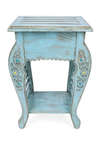 Image of Multipurpose Table Outdoor Indoor Stool Flower Vase Stool with One Drawer Material Mango Wood Size 30.5CM x 30.5CM x 53.3CM (Lite Blue Antique)