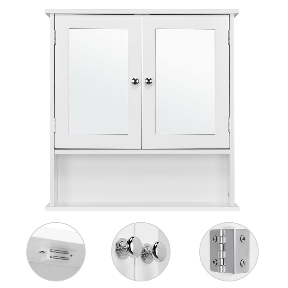 Yaheetech Armarios con Espejo para Baño Armario de Pared con 2 Puertas Mueble de Pared de baño Espejo con Estante Mueble para Baño Cocina 56×13×58cm Blanco