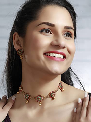 Women's Green & Ruby Floral Plated Jewellery Set, Elegant Gift