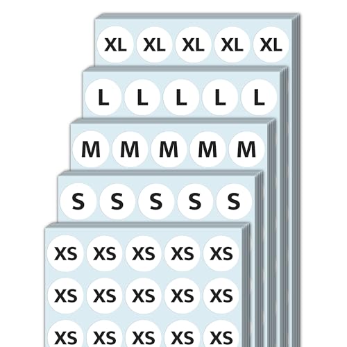 2000 Piezas - 20mm Talla de Ropa Circulo Pegatinas Adhesivos, 5 Tallas (XS, S, M, L, XL)