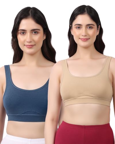 Image of Lavos Bamboo Cotton Comfort Sleeping Bra for Women, Slip On Bras to Wear at Home, Non-Padded & Non-Wired Sports Bras, Full /High Coverage, Soft Comfortable & Breathable Broad Strap Bra (Pack of 2)