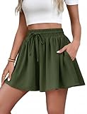 HEEKPEK Pantalones Cortos Mujer Verano Casual Cintura Alta Elástica Cordón Anchos Shorts Ligero Casual Short Playa de Sueltos con Bolsillos (Verde Militar,L)