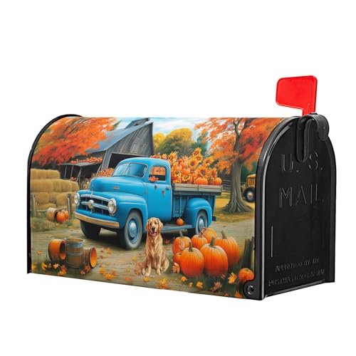 Image of Fall Truck Mailbox Cover Magnetic 25.5 inchx21 inch Autumn Maple Tree Leaf Pumpkins Sunflower Farm Puppy Mailbox Wrap Post Cover Large Size Waterproof for Garden Yard Outdoor Outside Decor