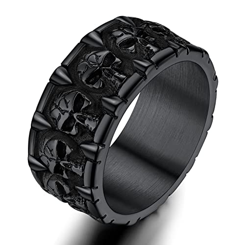 ChainsProMax Can Engrave Men Skull Rings, Stainless Steel Statement Biker Rings, Gold Plated/Black-Send Gift Box