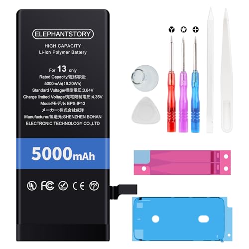 Elephantstory Akku für Phone 13 5000 mAh Hohe Kapazität Ersatzakku Lithium Polymer Akku mit Reparatur Werkzeugsatz und Anleitung Buch