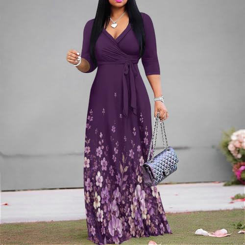 Image of Plus Size Maxi Dress for Women V Neck 3 /4 Sleeve Wrap Dress Plum XL | Plum Floral Women's Maxi Dress for Mother's Day Wedding Women's Day