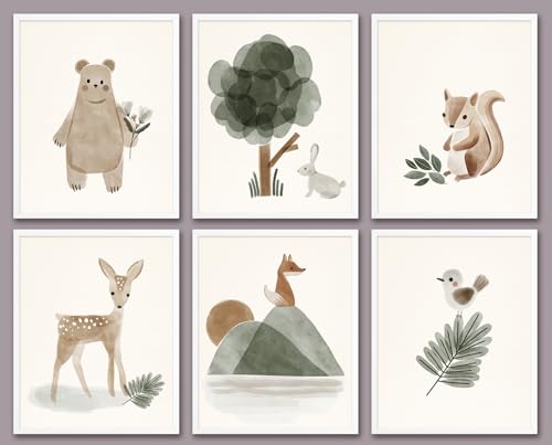 Image of 6 PCS Boho Wall Art Nursery Decor Cute Deer Squirrel Bear Wall Decor Unframed Green Bohemian Posters Nursery Print Paintings Artwork for Home Boys Girls Room Bedroom Classroom Living Room 8x10 In