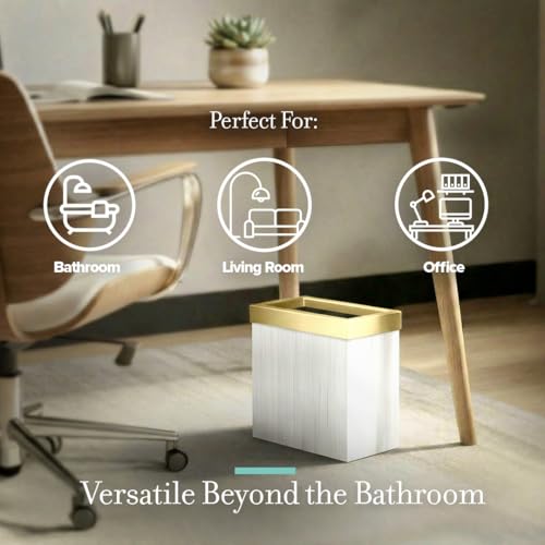 Image of Gatco Modern Rectangle Wastebasket, White Oak /Brushed Brass Lid - Stainless Steel Trash Can with Removable Lid, Leakproof, 3 Gallon Capacity for Bathroom, Bedroom, Kitchen, or Office