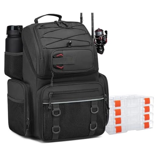 FRETHIND Angelrucksack mit 4 Boxen 50L Angeltasche mit Kühlfach & Rutenhalter wasserabweisend Angelzubehör Rucksack für Angeln Camping Wandern (Schwarz)