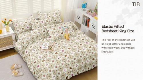 Image of TIB The Intellect Bazaar Glace Cotton Elastic Fitted Bedsheets King Size | Bedsheet for Double Bed with 2 Pillow Covers (72 inch x 78 inch or 182 x 152 cm) M-Rangoli