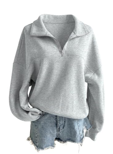 SHEWIN Grey Sweatshirt for Women Lightweight Loose Cotton Fleece Half Zip Pullover Women V Neck Long Sleeve Womens Sweatshirt 2026 Early Fall Fashion Gray Large