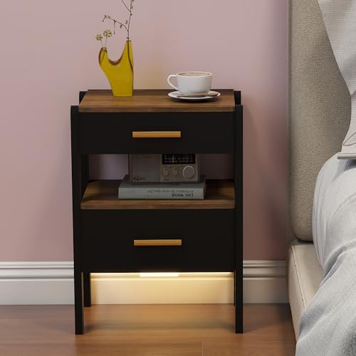 Image of Solid Wood Nightstand with 2 Drawers and Open Shelf Bedside Table End Table