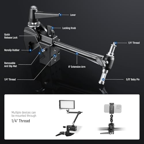 Image of NEEWER Super Clamp with 6 inch Extension Arm, 5 /8 inch Stud, 2.4 inch Jaw Grip
