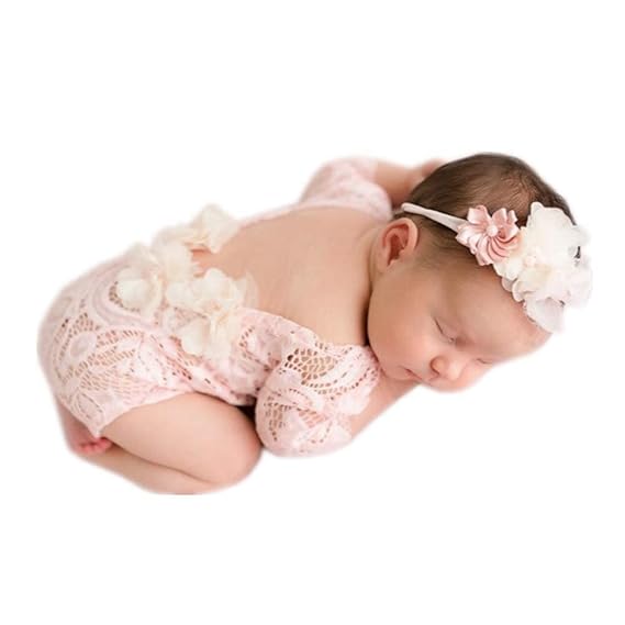 Newborn Monthly Baby Photo Props Lace Headdress Rompers Knit Outfits for Girls Photography Shoot