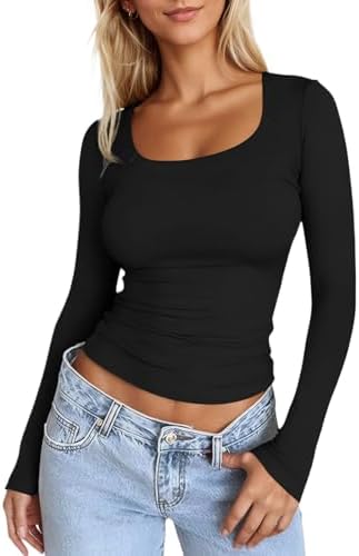 Dazevt Womens Long Sleeve Scoop Neck Tops Slim Fitted Basic Shirts Thermal Shirts Basic Tight Undershirts(Small, Black)