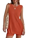 NENONA Womens Two Piece Spring Summer Outfits Sleeveless Knit Sweater Tank Tops and Shorts Resort Wear,Orange,S