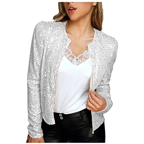 XUNRYAN Sequin Blazer Women Casual Open Front Cardigan Sparkly Jacket Glitter Long Sleeve Short Coats Crop Shrug Wraps Outfit