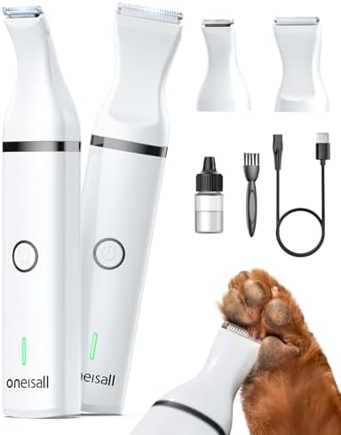 Oneisall 2in1 Pfotentrimmer für Hunde Katze, Ganzkörper, Micro-USB-Ladung | 2 Geschwindigkeitsstufen, 2h Laufzeit, ISCC CPF-zertifiziert, Geräuscharm 49dB, Ladekontrollleuchte, Abn