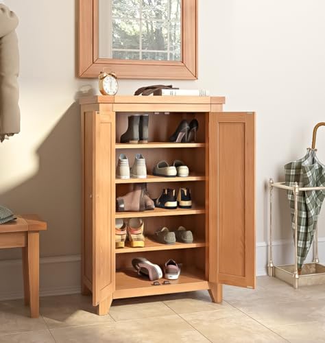 Hallowood Furniture Cotswold Wooden Shoe Storage in Light Oak, Tall Modern Shoe Cabinet, Shoe Cupboard, Living Room Shoe Rack for 15 Pairs of Shoes, Kitchen Cupboard Organiser
