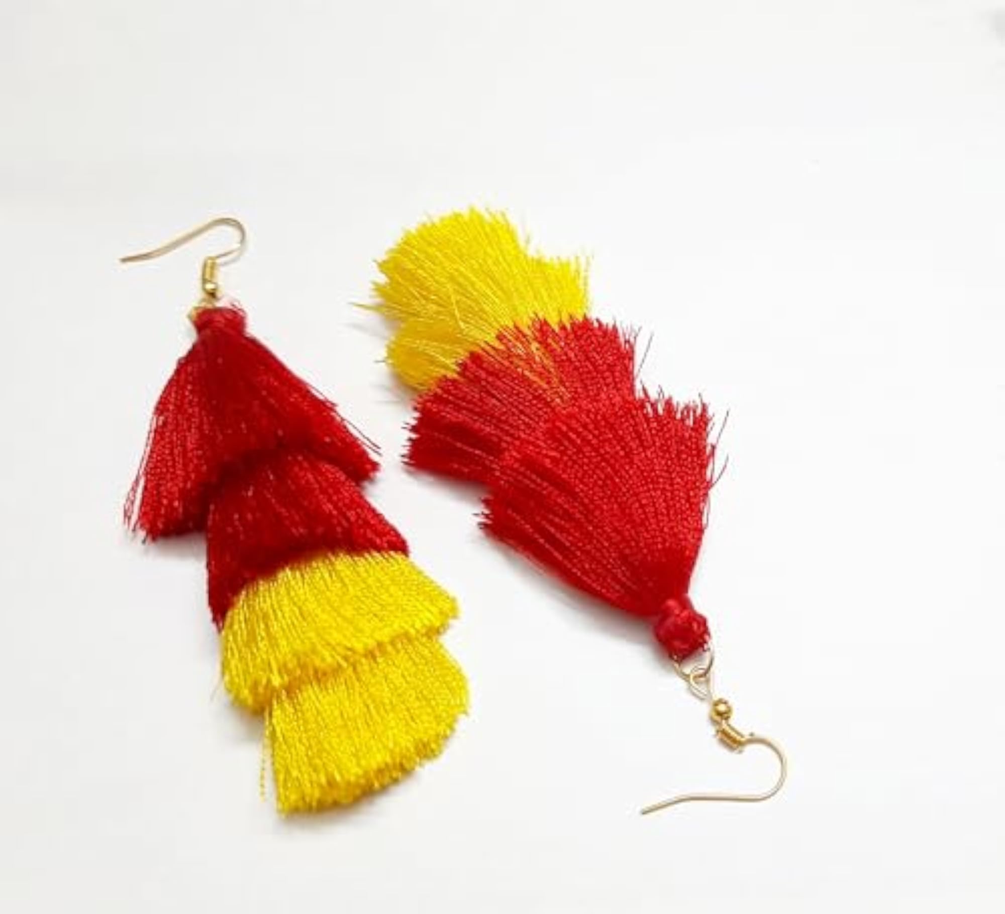 Women's Silk Thread Tassel Earrings in Red and Yellow