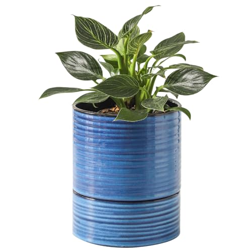 HASENSE Ceramic Plant Pot with Saucer, 6 Inch Planter for Indoor Plants with Drainage Hole,Snake Plants & Cactus, Navy Blue Flower Pot for Succulents,Modern Home Office Decor Gift