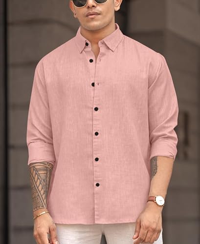 Image of Men's Solid Linen Blend Cotton Shirt | Full Sleeve Plain Shirt for Men | Regular Fit Casual & Formal Wear