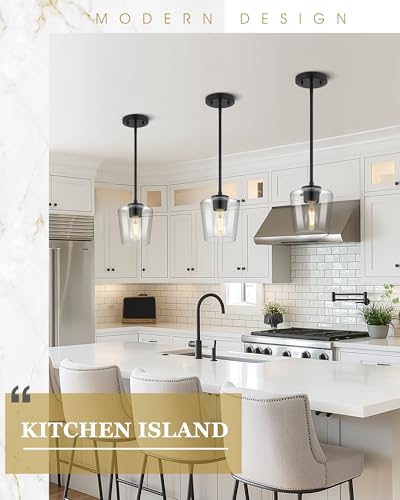 Image of Black Pendant Light for Kitchen Island, 6 inch Clear Glass Shade | Modern Hanging Light Fixture, Kitchen Pendant Lighting Over Island for Dining Room, Adjustable Height, AD-22004-1P-BK-C