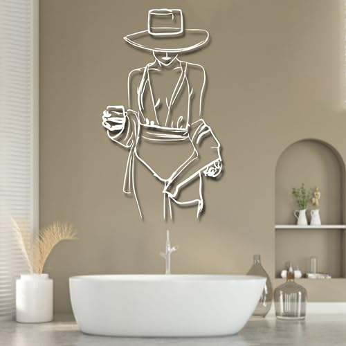 Cool Woman with Wine Metal Line Wal Art, Feminine Pop