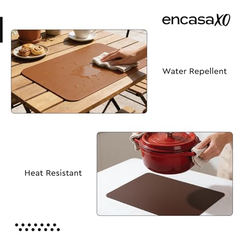 Image of Encasa XO Leather Dining Table Mat Set of 2 + 2 Coasters, 42x30 & 9 cm | Water & Heat Resistant Double-Layer Dining Table Mats | Wipeable & Durable Brown & Tan Placemats for Dining Table