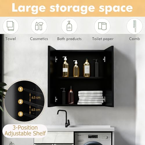 LIFEZEAL Armario con Espejo de Baño, Armario de Pared con 2 Puertas y 2 Estantes, Mueble de Inodoro Colgante, 62 x 11,3 x 65 cm, para Cuarto de Baño y Dormitorio (Negro) - imagen 4