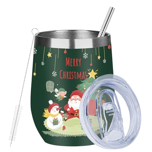 MEZMUT 12 Oz Insulated Christmas Wine Tumbler with Lid Straw (Green,1)
