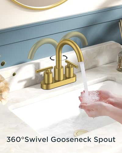 Image of FORIOUS 4 inch Brushed Gold Bathroom Faucet Centerset 4 Inch, 2 Handle 2 Hole Gold Faucets for Bathroom Vanity wtih Metal Pop Up Dain, CUPC Supply Hose, High Arc Swivel Spout