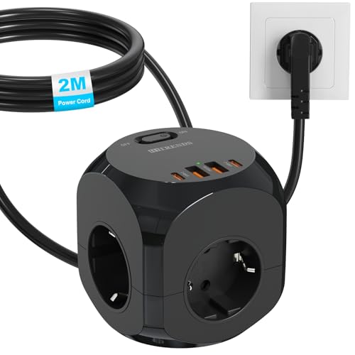 Cubo de Enchufes con USB, Cubo de Regleta Múltiples 8 en 1 con 2 USB-A y 2 USB-C, Cubo de Regletas de Enchufes de 4 Tomas con Interruptor, Distribuidor de Enchufes Múltiples con Cable de 2M, Negro