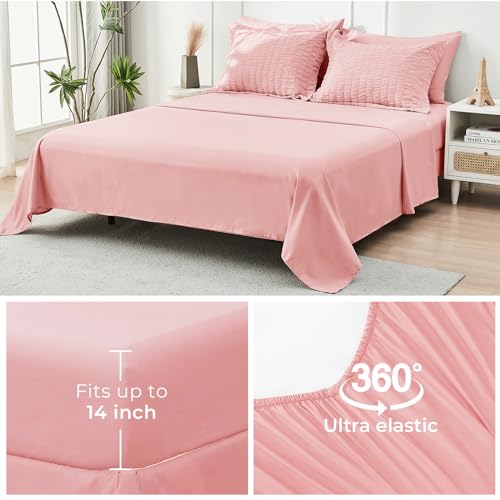Image of HYMOKEGE Rose Pink Queen Comforter Set Seersucker 7 Pieces, All Season Luxury Bed in a Bag Queen for Bedroom, Bedding Set with Comforter, Sheets, Pillowcases & Shams