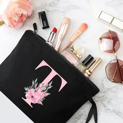 Image of Vavabox A-Z Personalized Makeup Bag, Birthday Gifts for Women Mom, Gifts for Best Friend, Bride Bridesmaid Cosmetic bag (T, 02-Black)