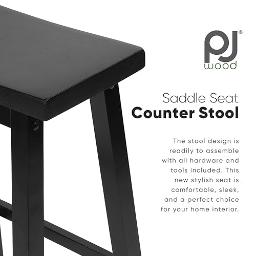 Image of PJ Wood 24 Inch Saddle - Wood Saddle Counter Stool - Black 2 Pack | Backless Design, 225 lb Capacity, Modern A Frame, Square Legs, FSC Certified Lumber, Formaldehyde Free Adhesives