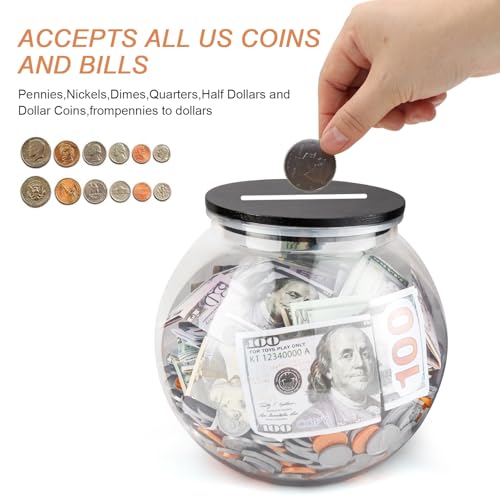 Yamahiko Large Clear Coin Bank Jar with Slotted Lid, 3/4 Gallon Plastic Money Tip Change Savings Coin Jar for Coin or Raffle Ticket, Big Money Coin Tip Piggy Change Bank Box for Adults Teens, Black