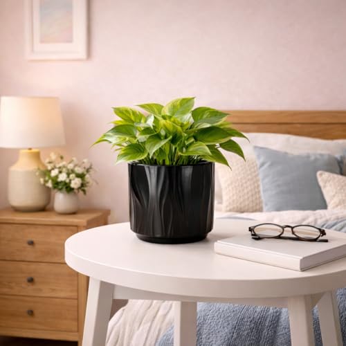 Image of Xtore Sculpted Ceramic Planter | Textured Contemporary Flower Pot for Desk, Shelf & Table Decor - (Black, 1 Piece, Planter ONLY)
