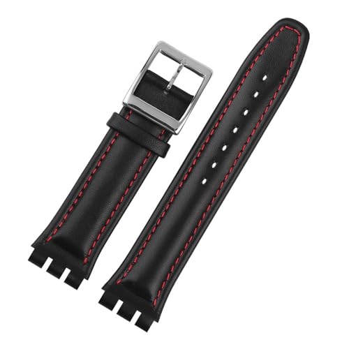 HMFang Genuine Leather Bracelet Compatible with Swatch YCS YAS YGS Irony Cowhide Watch Band 17mm 19mm Wrist Strap(Black Redline Silver,17mm)