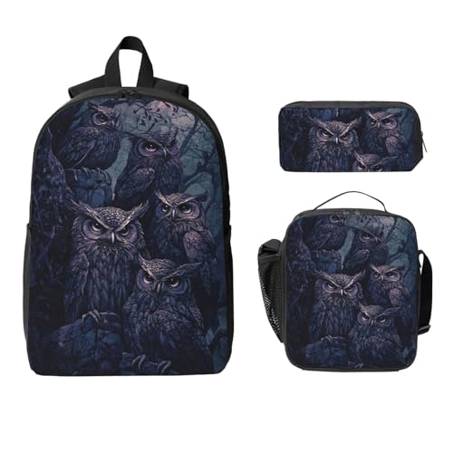 Gothic Owl Backpacks 3 Pcs Multifunction High capacity Travel Backpack with Fun Graphic Cartoon Print for Camping Touring