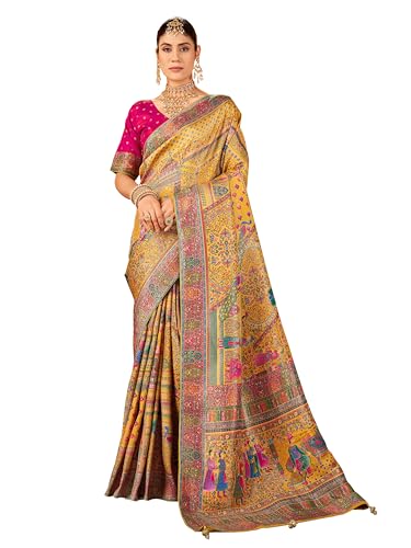 Image of Glory Sarees Women's Luxurious Dola Pure Silk Original Saree Position Print Work Madhubani Inspired Motifs Banarasi Kanjivaram Style Saree With Blouse Piece (Elegant101 Parent)