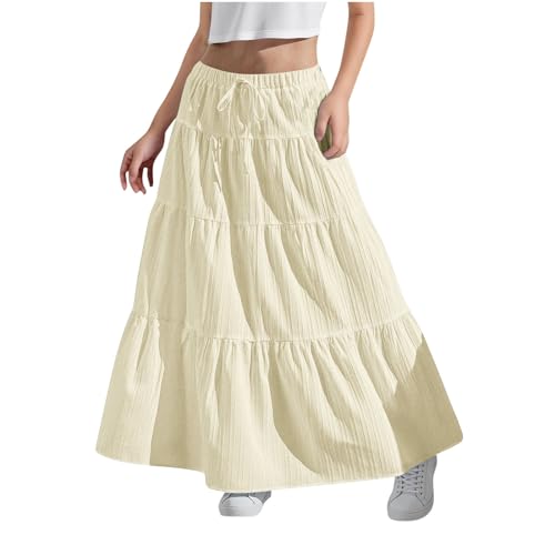 Girls Summer Boho Flowy Maxi Skirt Casual Tiered A-Line Skirts 2025 Trendy Elastic High Waist Pleated Long Dress