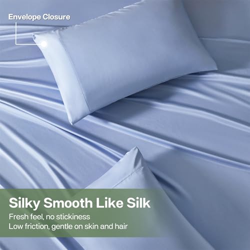 MR&HM Queen Sheet Set, 4-Piece Cooling Sheets, Rayon Derived from Bamboo & Polyester Blend, Soft & Silky, 15" Deep Pockets with Elastic Straps, Hotel Luxury for Hot Sleepers, Light Blue