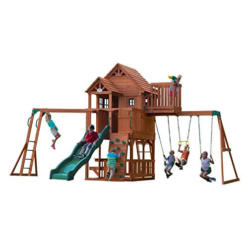 Backyard Discovery Spielturm Skyfort II aus Holz | XXL Spielhaus für Kinder mit Rutsche, Schaukel, Trapezstange, Kletterwand und Aussichtsturm | Stelzenhaus für den Garten Cover