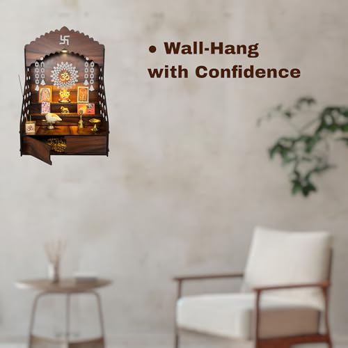 Image of STEPn'SPACE Wooden Temple For Home Big Size Mandir With LED Light & Step Wall Hanging Puja Mandir For Home Temple For Office Pooja Stand For Home & Office Temple With Storage For Shop XL-D28Xw43Xh55Cm