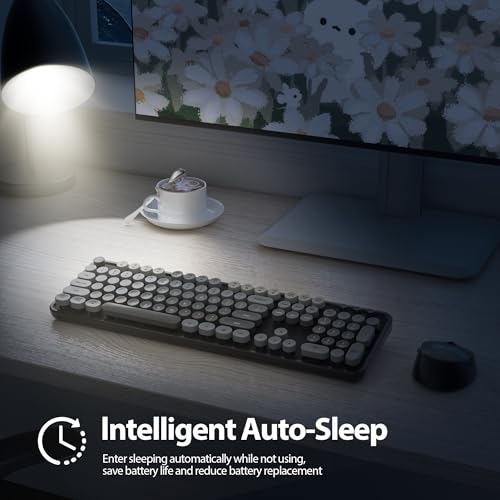 Image of Fogruaden Black Keyboard and Mouse Wireless, Retro Typewriter Keyboard, 2.4GHz 104 Keys Full Size Cute Keyboard with Number Pad, Gradient Colorful Round Keycaps for Windows PC Desktops Laptop